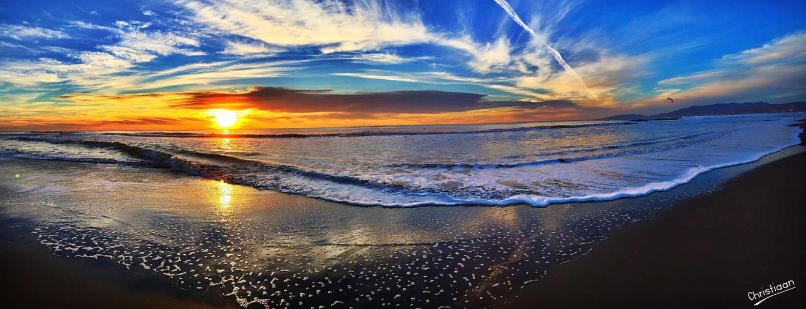 Strand, solnedgång, panorama. Pussel online