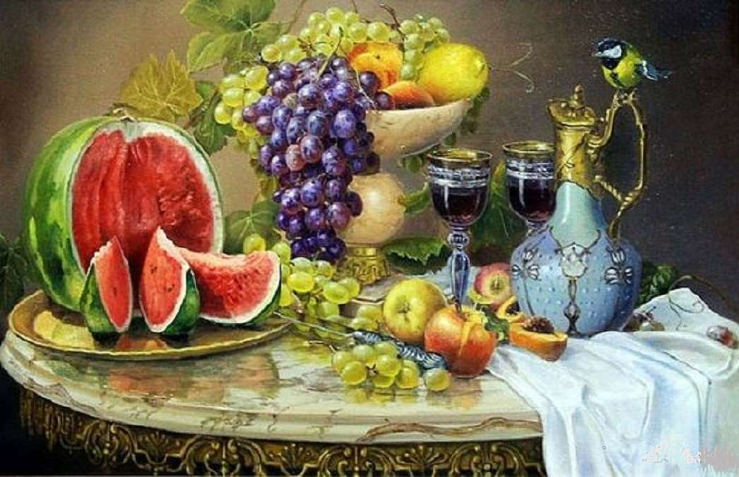 Des fruits, du vin et un petit oiseau puzzle en ligne