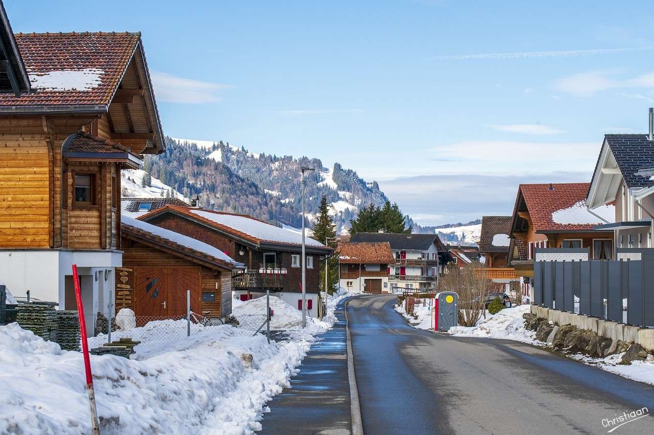 Dorf, Winter, Straße. Online-Puzzle