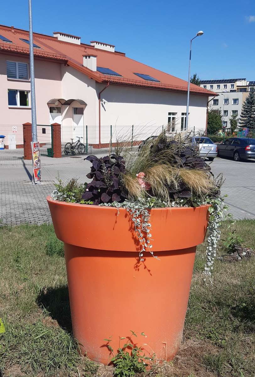 un énorme pot de fleurs devant le jardin d'enfants puzzle en ligne