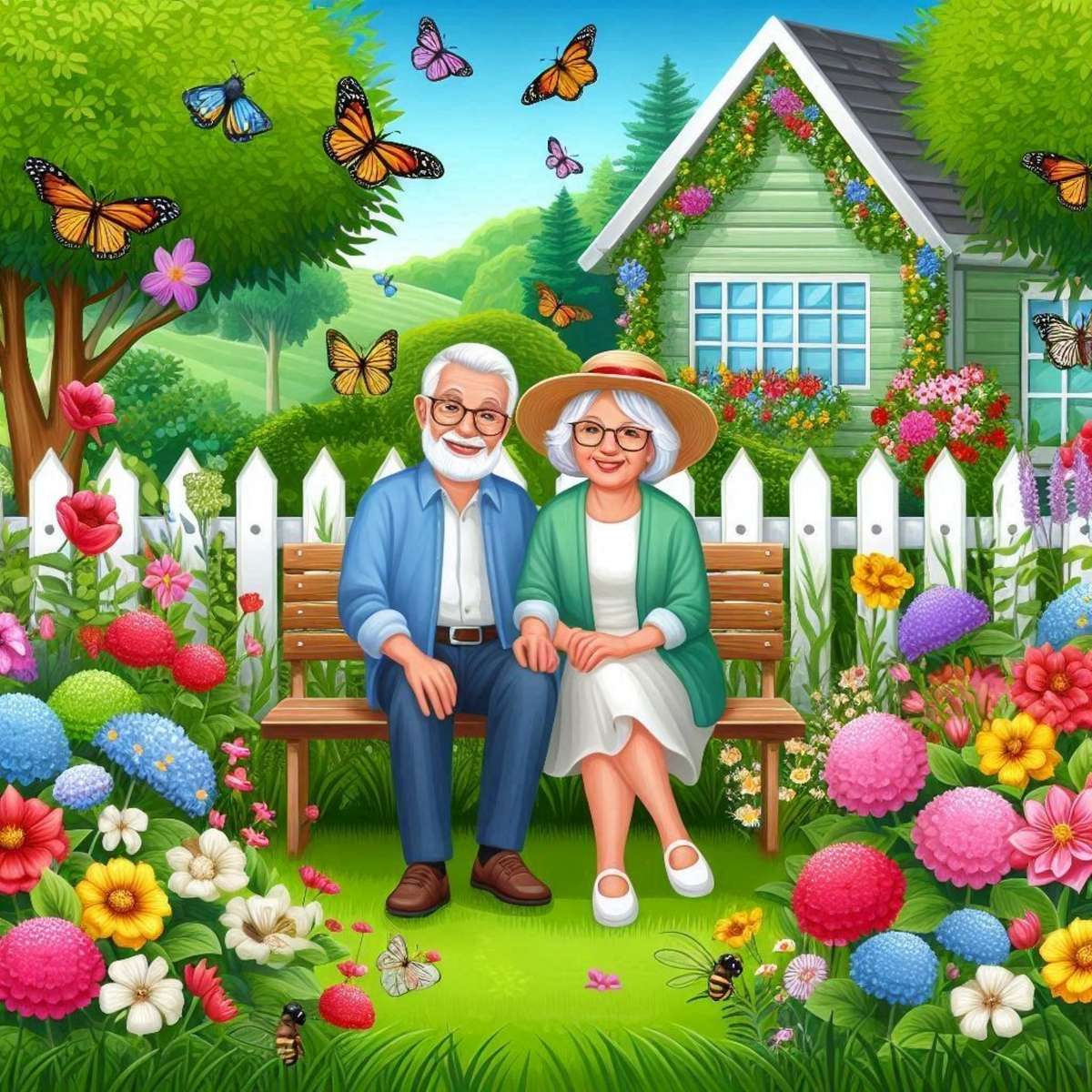 Grandma and grandpa on a bench in front of the house jigsaw puzzle online