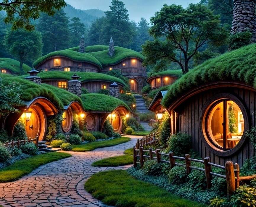 Casas iluminadas na vila Hobbit puzzle online