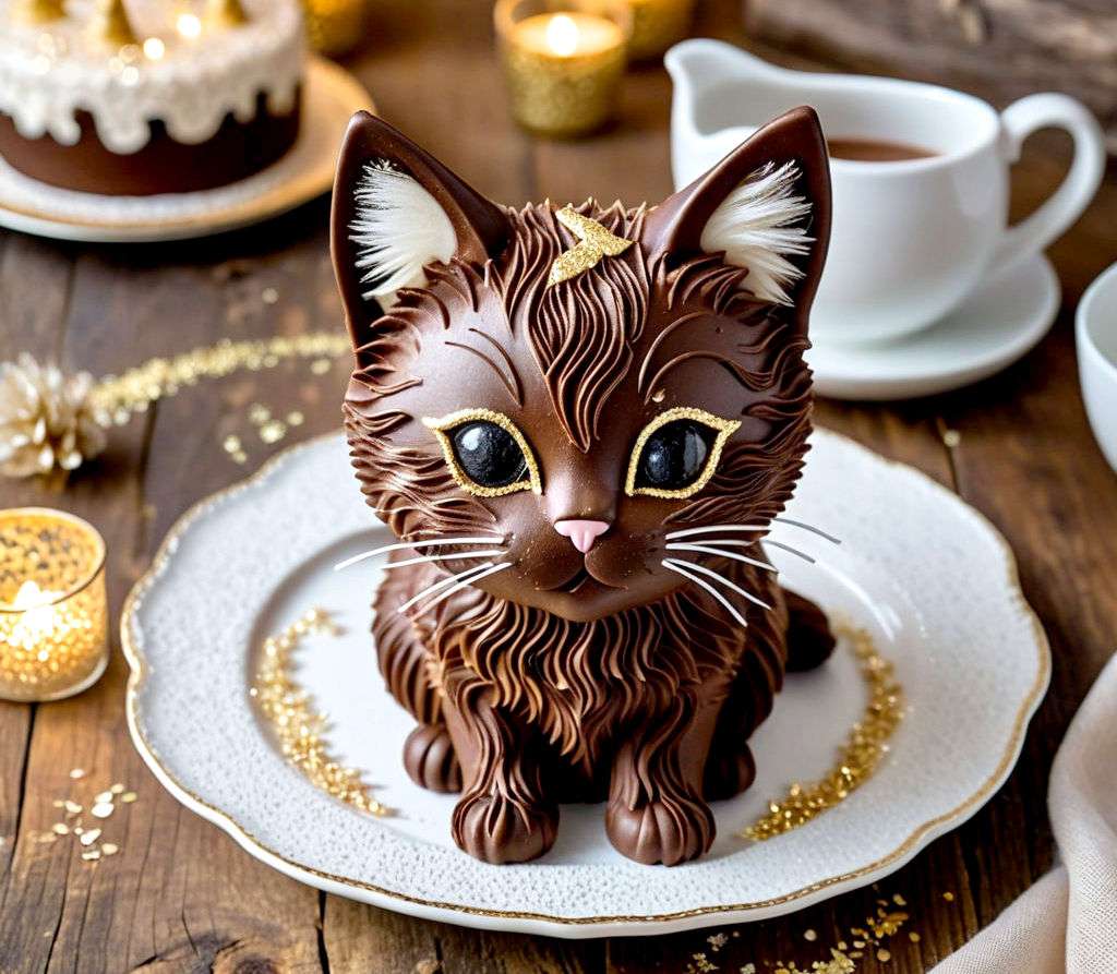 Chocolate cake in the shape of a kitten online puzzle