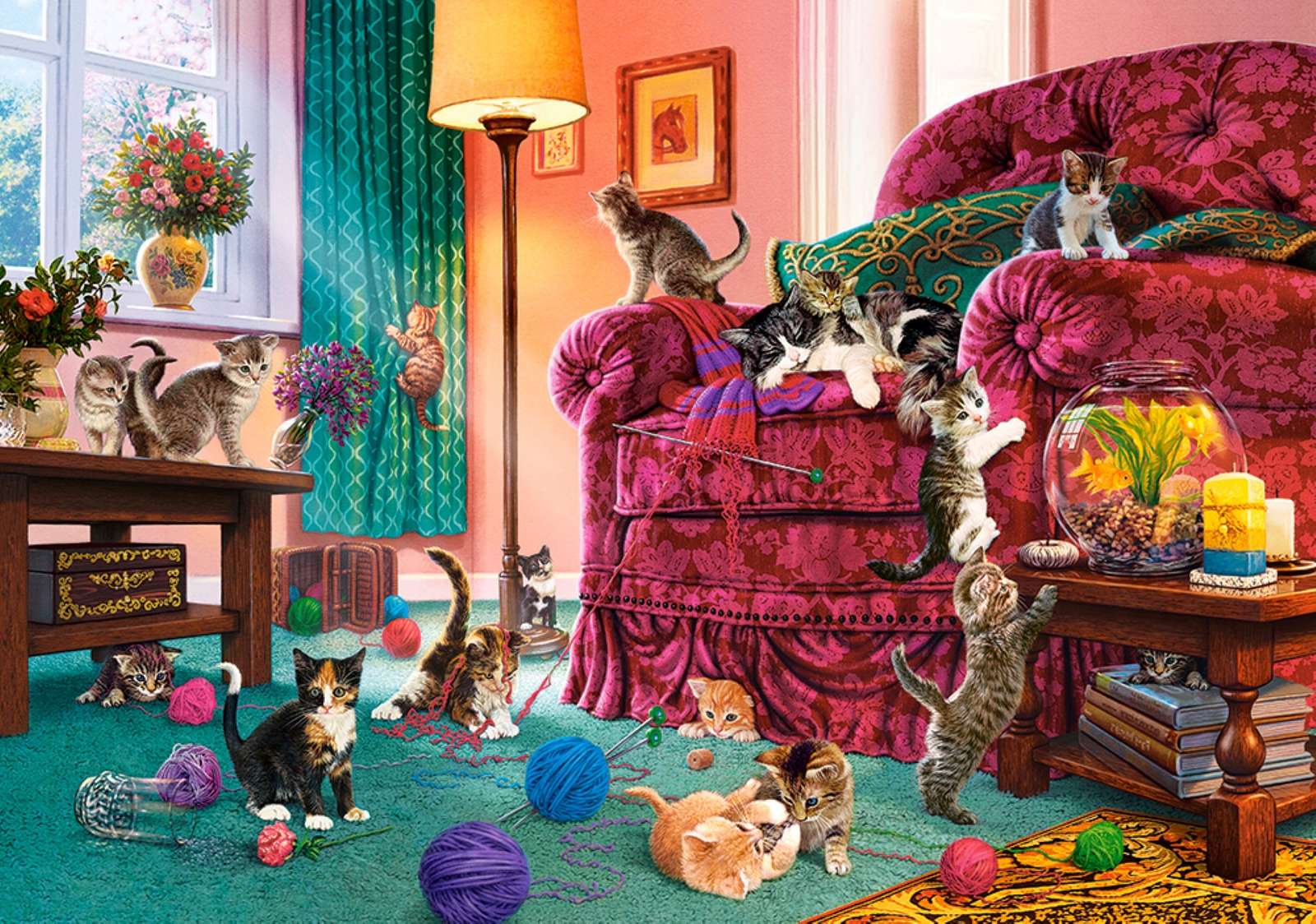 kittens hebben plezier in de woonkamer online puzzel