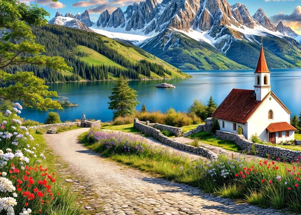 Chiesa lungo la strada presso un lago di montagna puzzle online