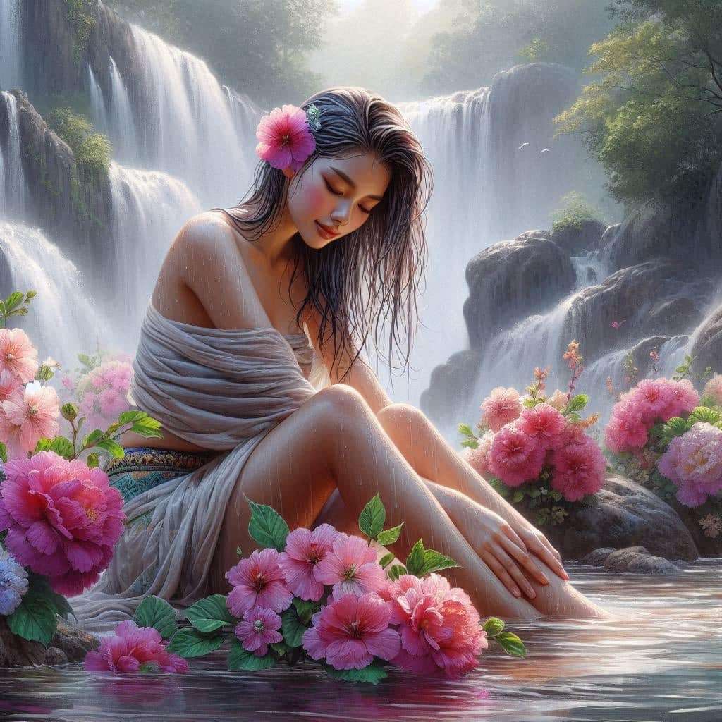 Mädchen am Wasserfall mit rosa Blumen Puzzlespiel online