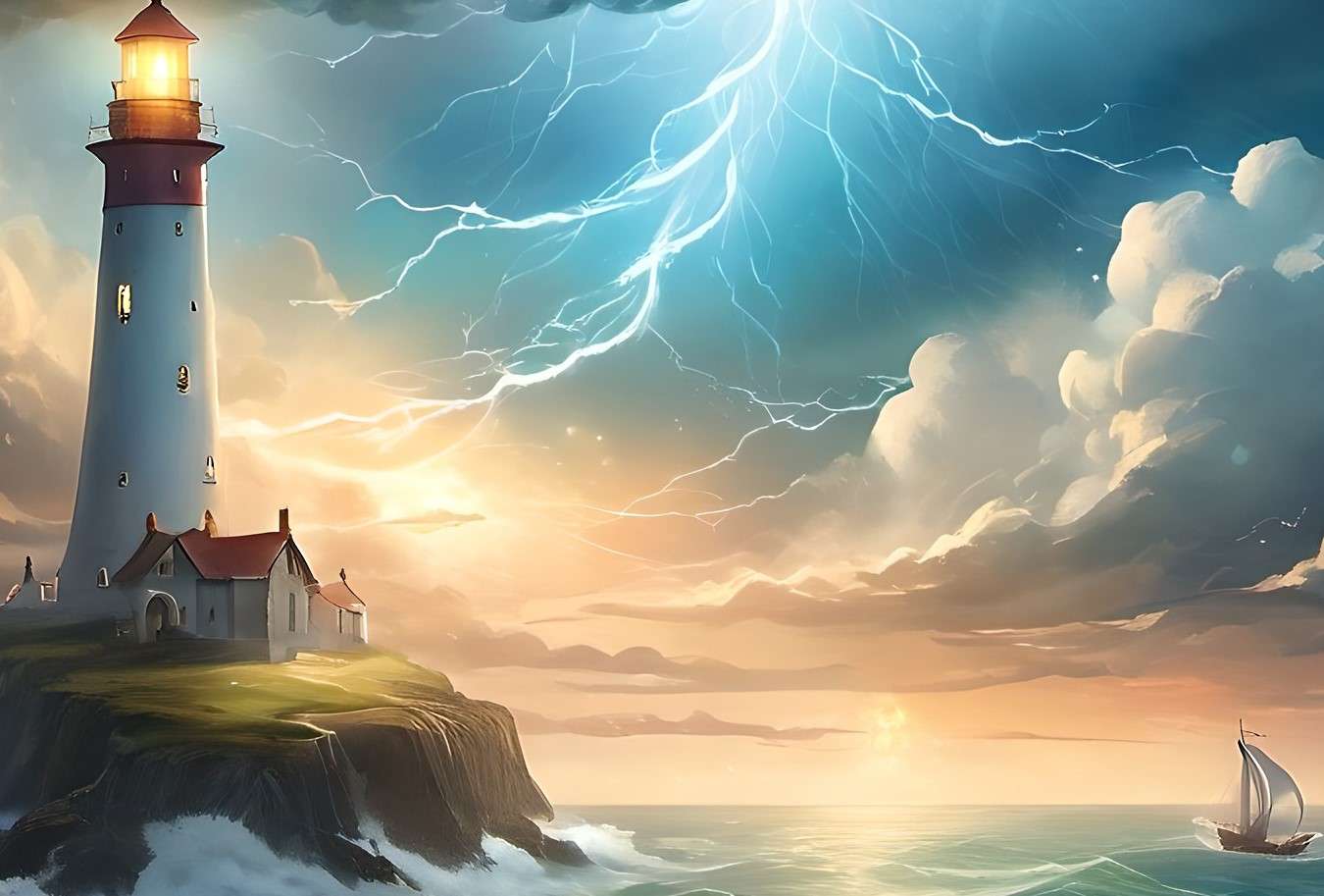 Voilier et phare lors d'une tempête en mer puzzle en ligne