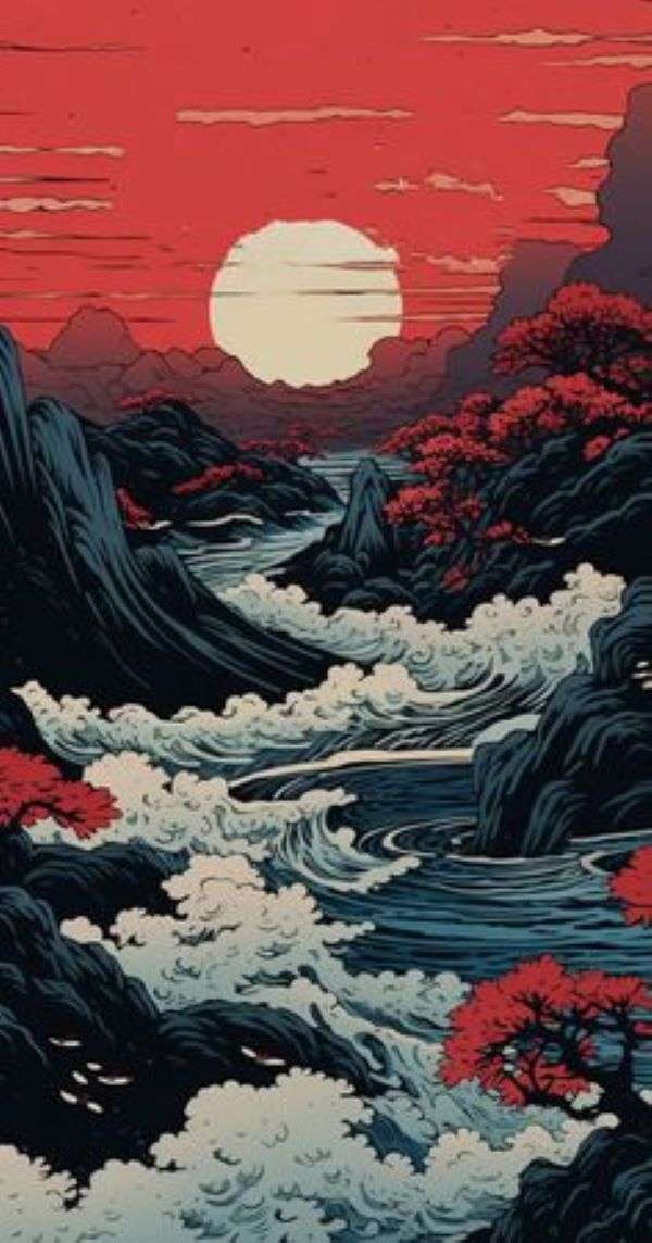 Tramonto rosso sul fiume. puzzle online