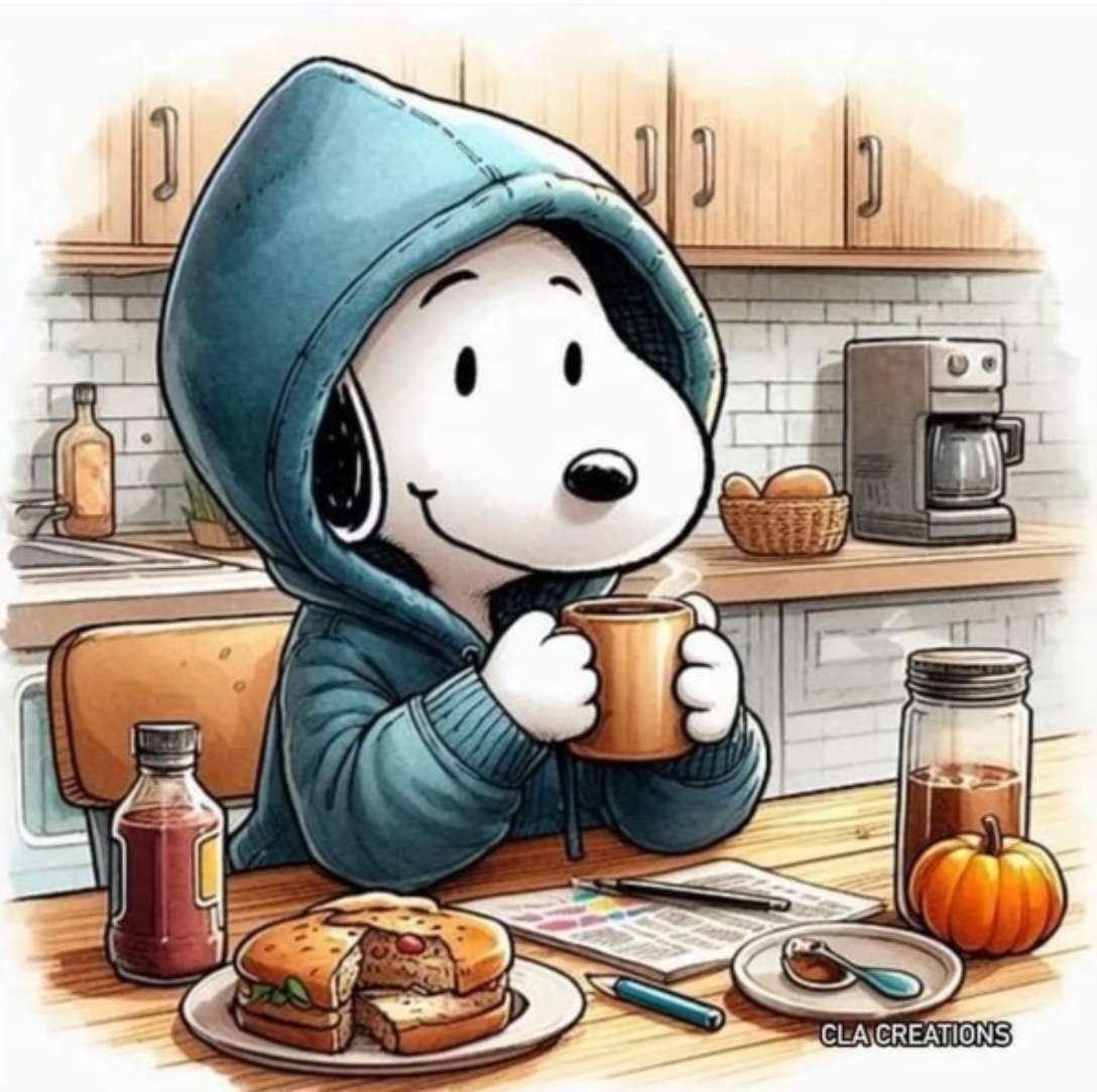 Snoopy dans un sweat à capuche en train de prendre son petit-déjeuner puzzle en ligne