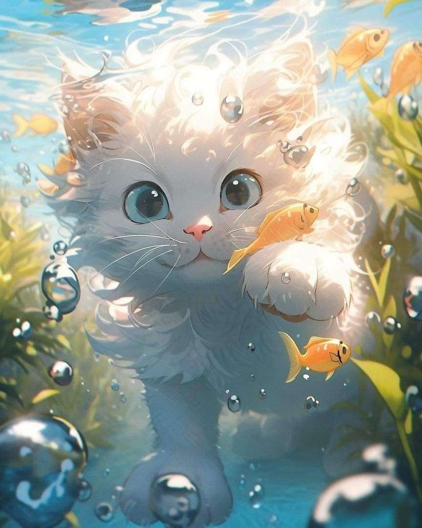 Gatto che si tuffa sott'acqua. puzzle online