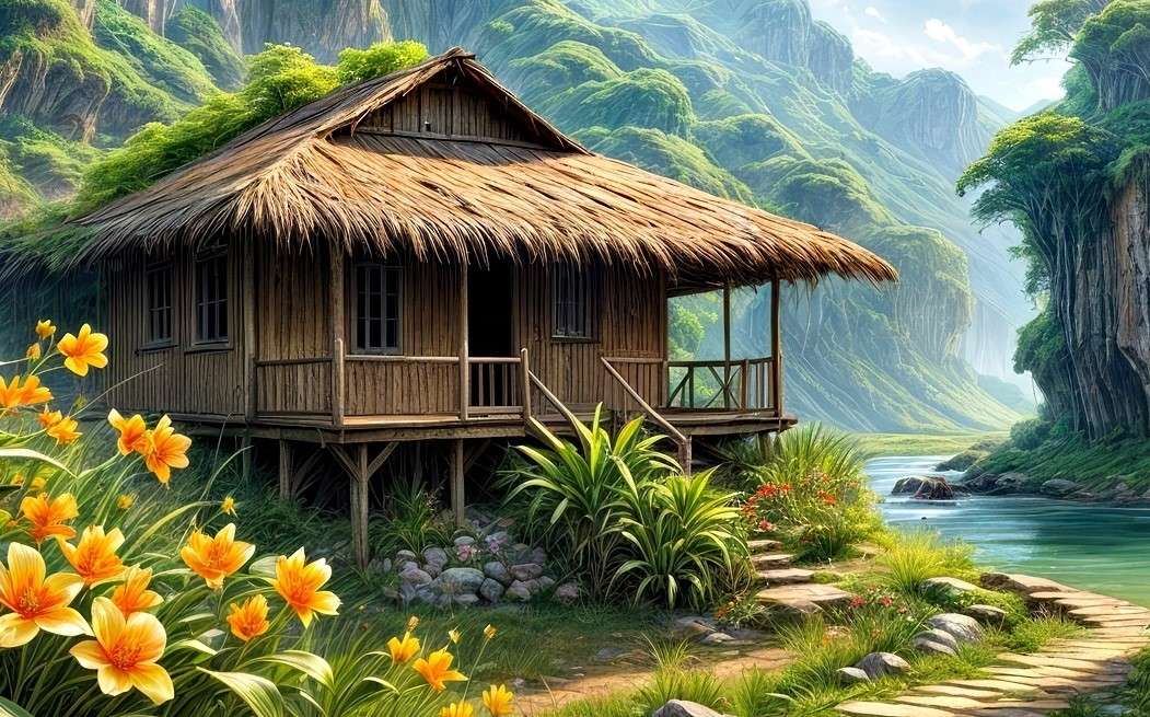 A path next to a thatched roof house in the mountains online puzzle