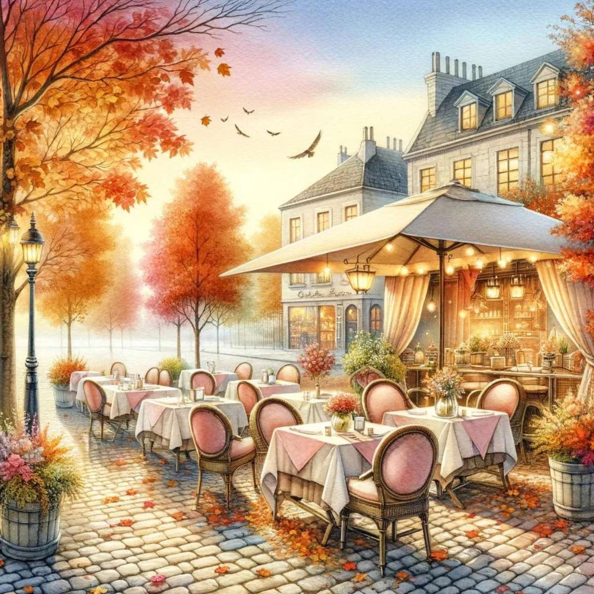 Autumn Cafe Watercolor Landscape jigsaw puzzle online