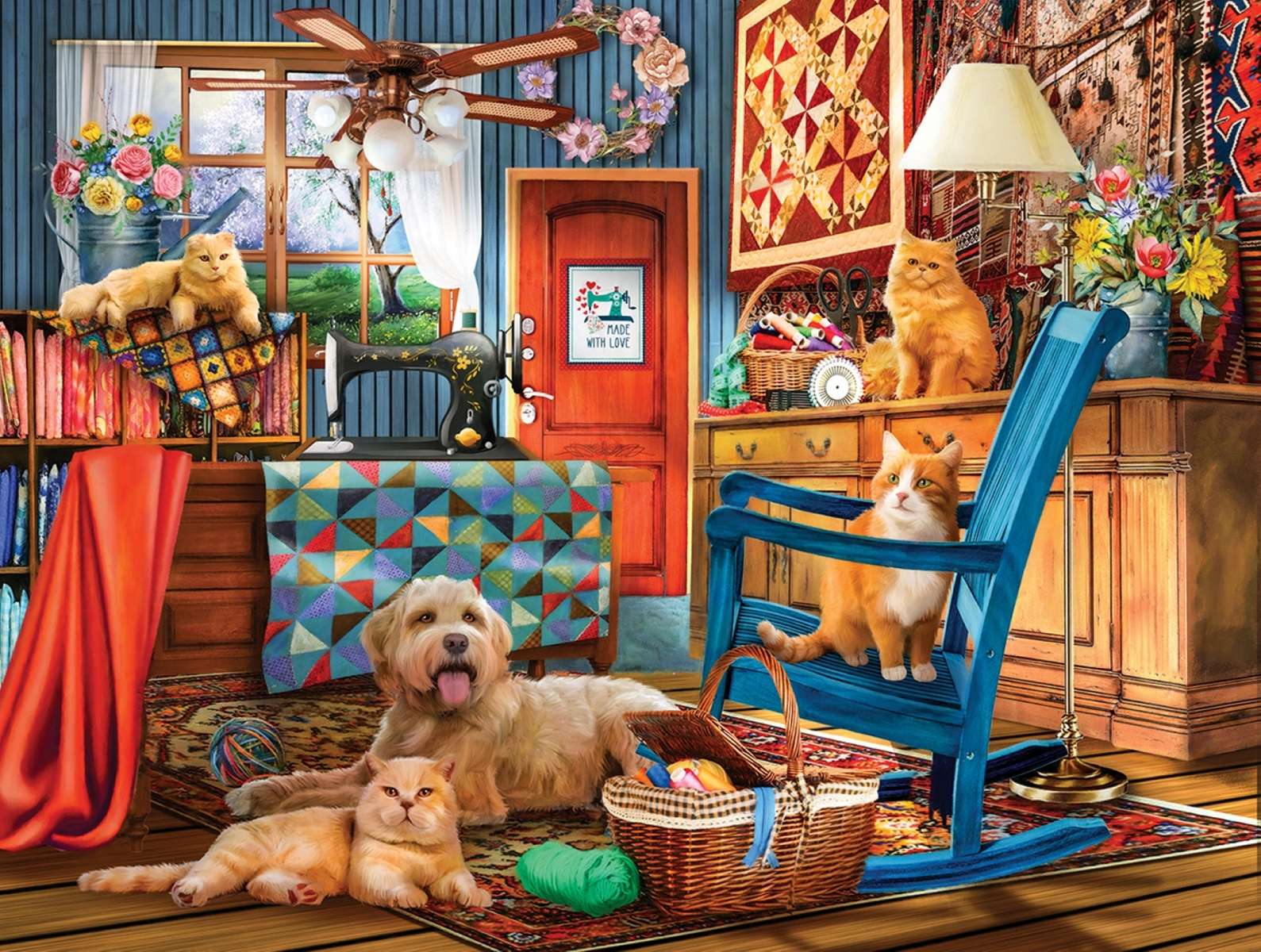 de hond en katten in het naaiatelier legpuzzel online