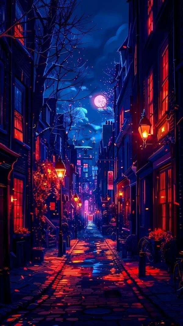 Rue nocturne avec de belles lumières. puzzle en ligne