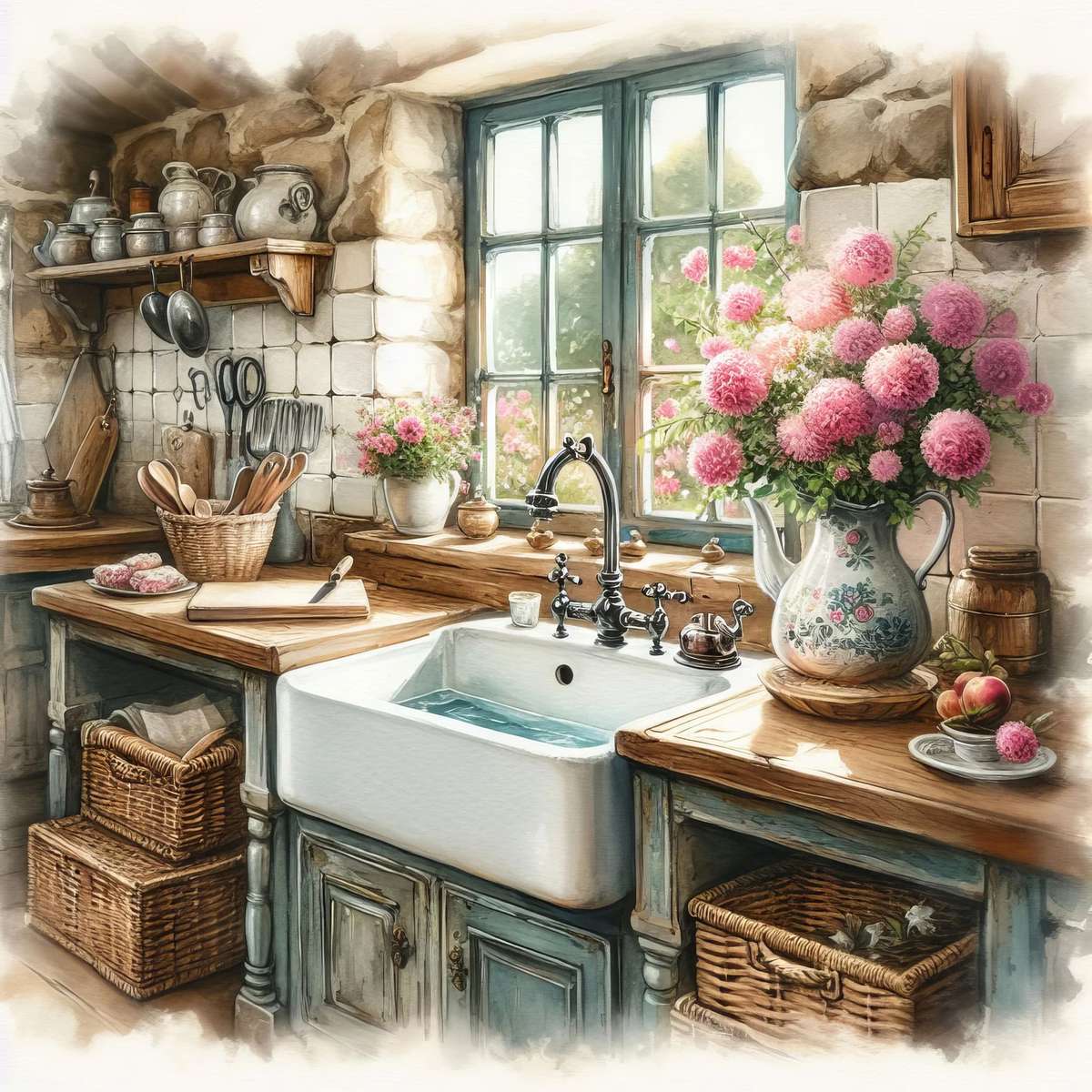 Landhauswaschbecken mit rosa Blumen Puzzlespiel online