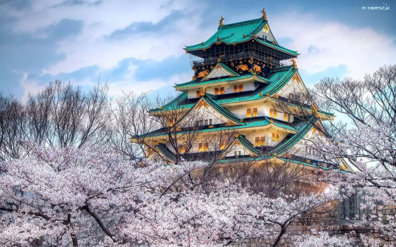 Japanskt slott under körsbärsblommorna pussel på nätet