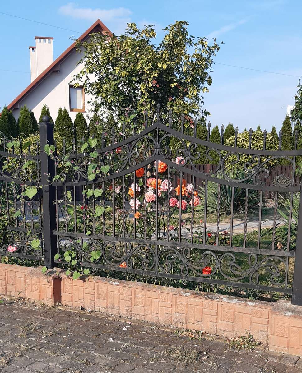 trädgård staket med blommor hus Pussel online