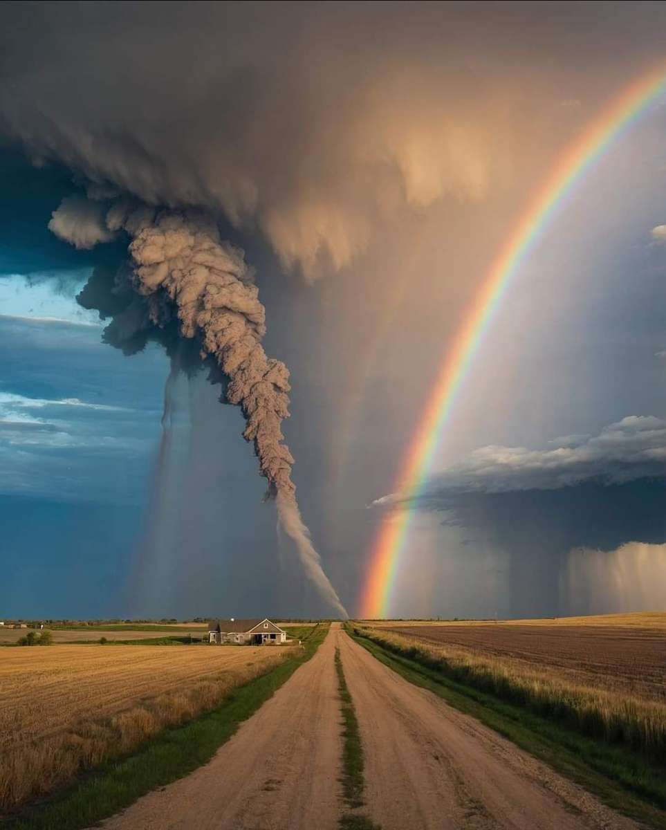 Fantastiskt atmosfäriskt fenomen Tornado och regnbåge Pussel online