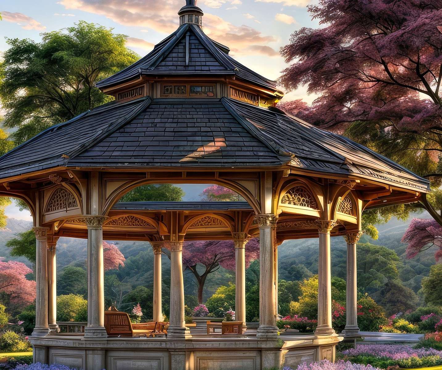 Gazebo in een bloemrijke tuin legpuzzel online