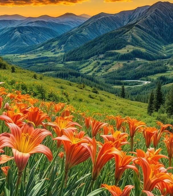 Orange lilies on the hillside jigsaw puzzle online