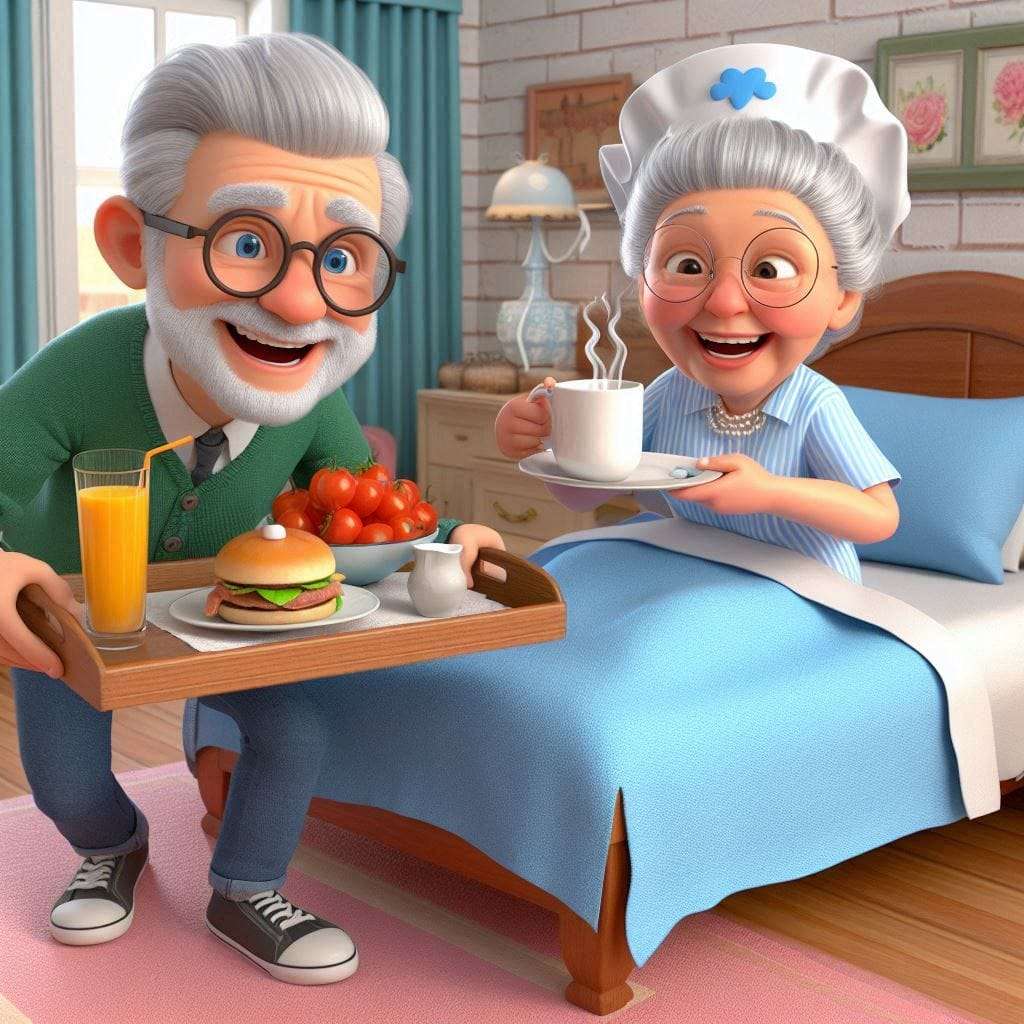 Oma im Bett und Opa bringt Frühstück Online-Puzzle