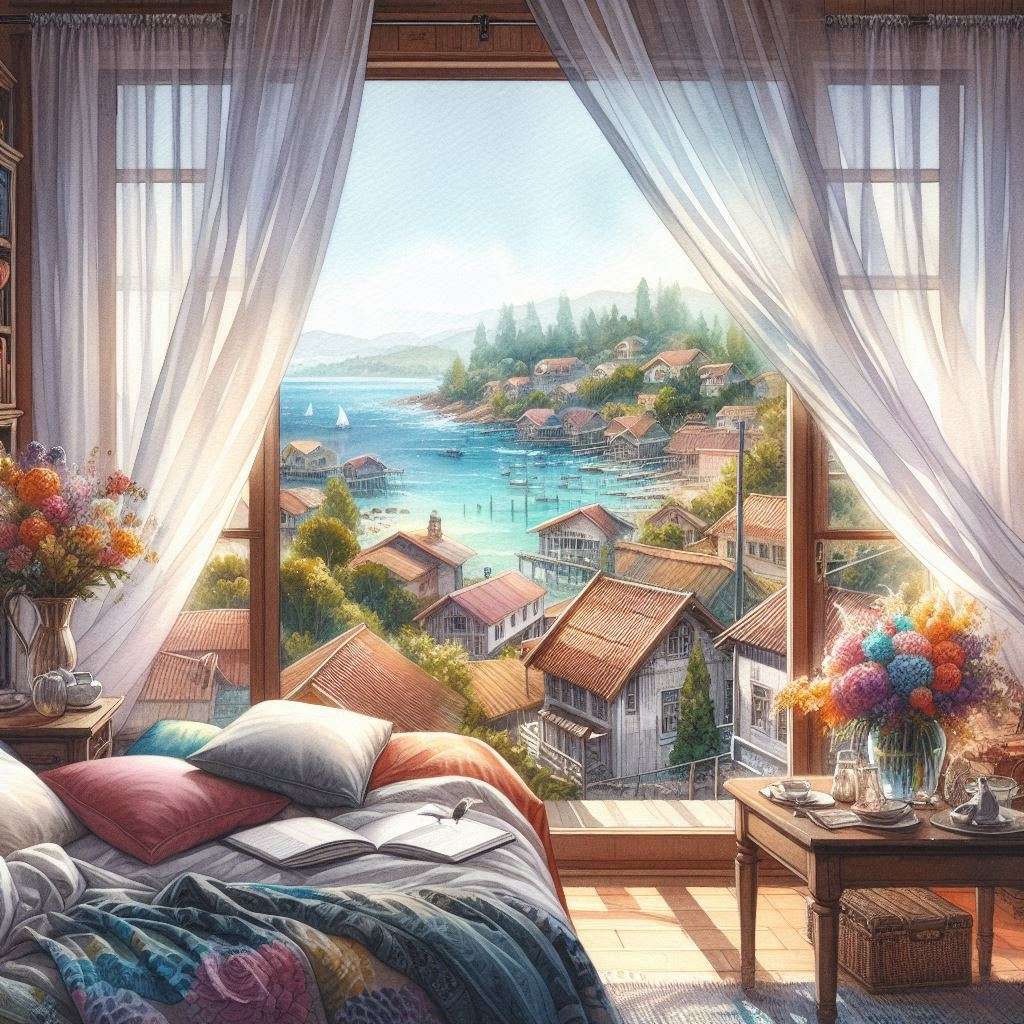 Un sat confortabil și vedere la mare puzzle online