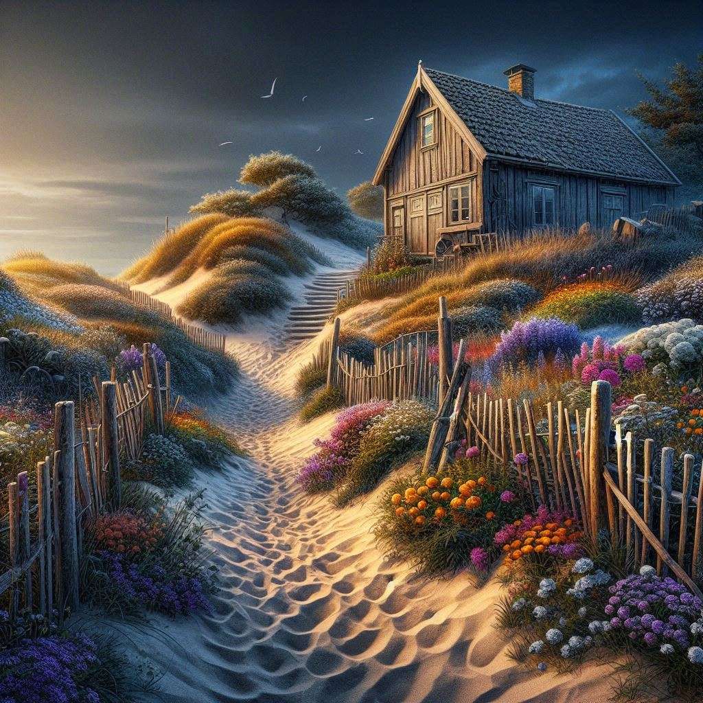 Sandy path, old weathered beach cottage jigsaw puzzle online