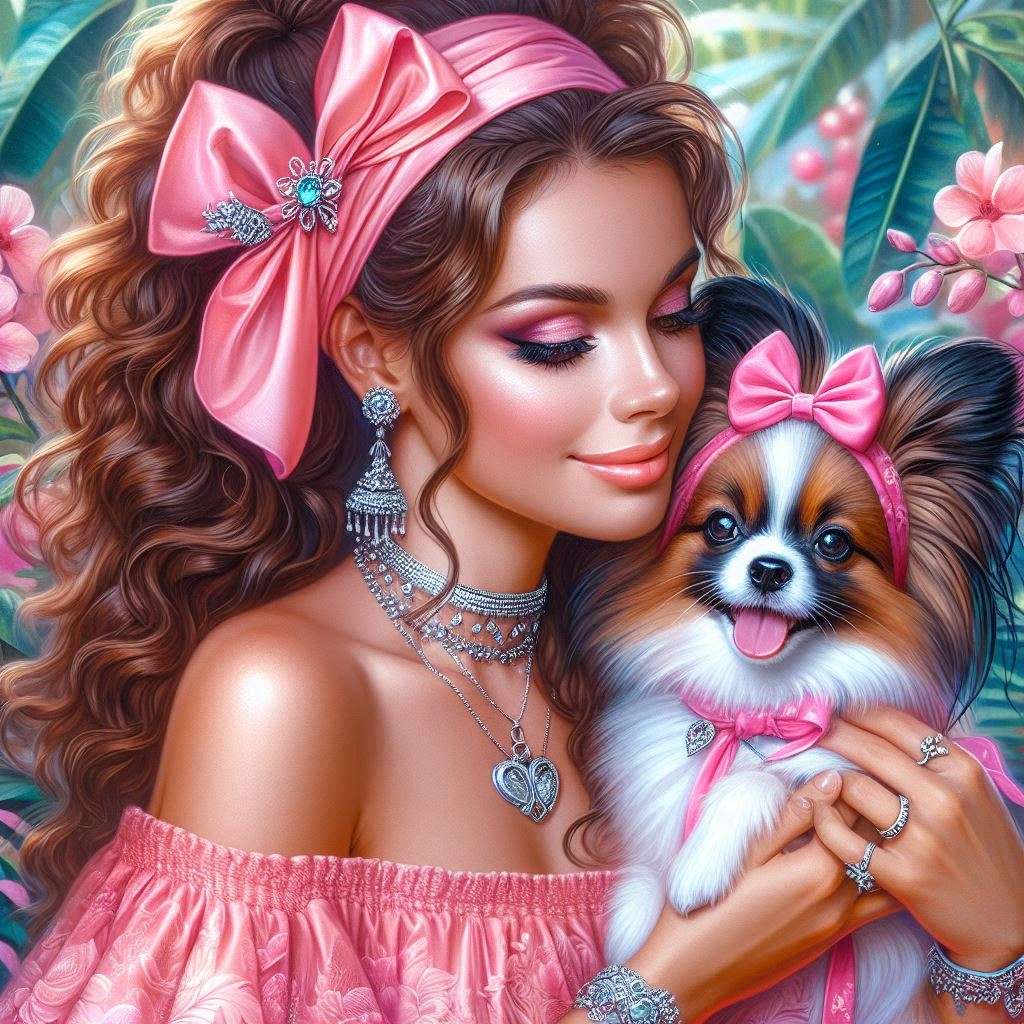 Roze dame en hond legpuzzel online