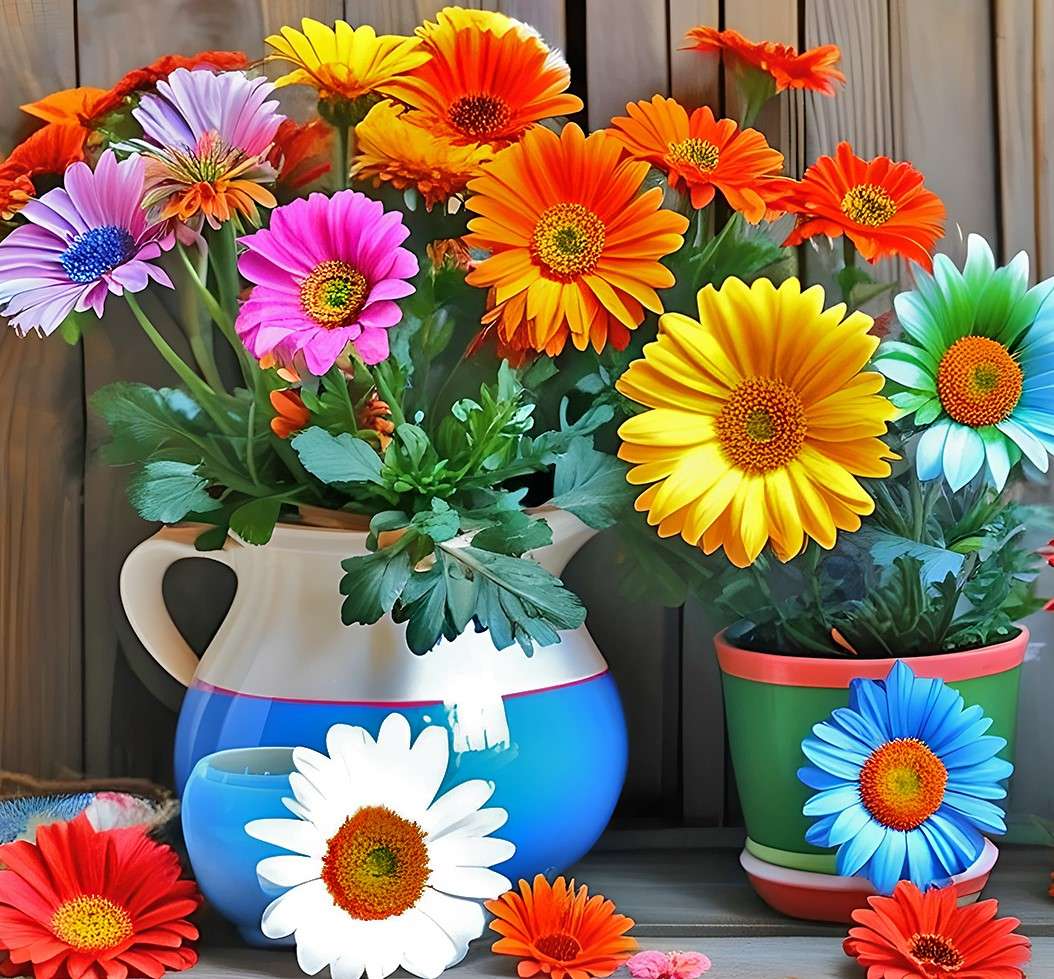 Fiori colorati in un vaso e in una brocca puzzle online