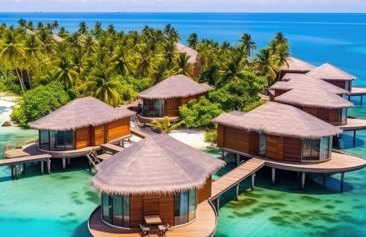 Case d'albergo su palafitte tra le palme delle Maldive puzzle online