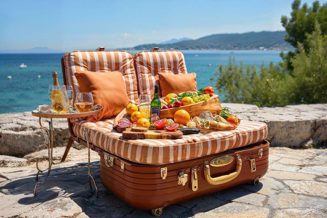 Valise, panier pique-nique, fruits. puzzle en ligne