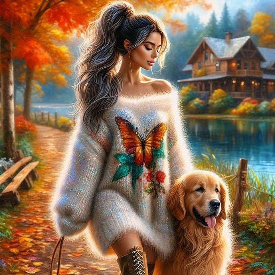 Ragazza e cane in autunno puzzle online