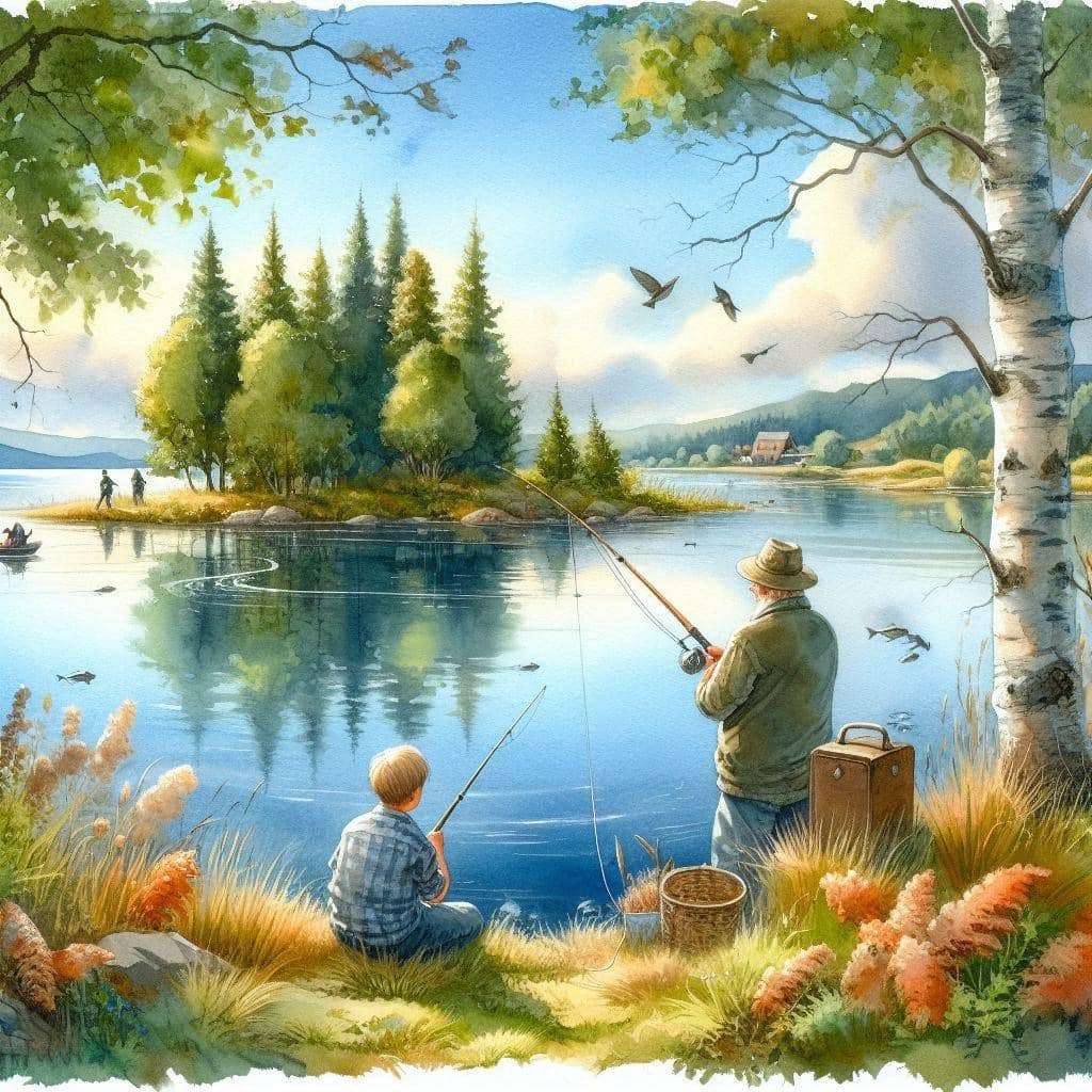 A boy fishing with his grandfather online puzzle