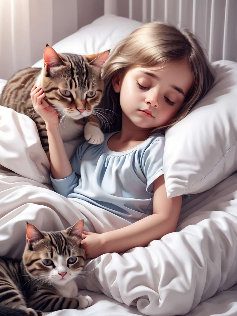 Little Girl Sleeps with Cats online puzzle