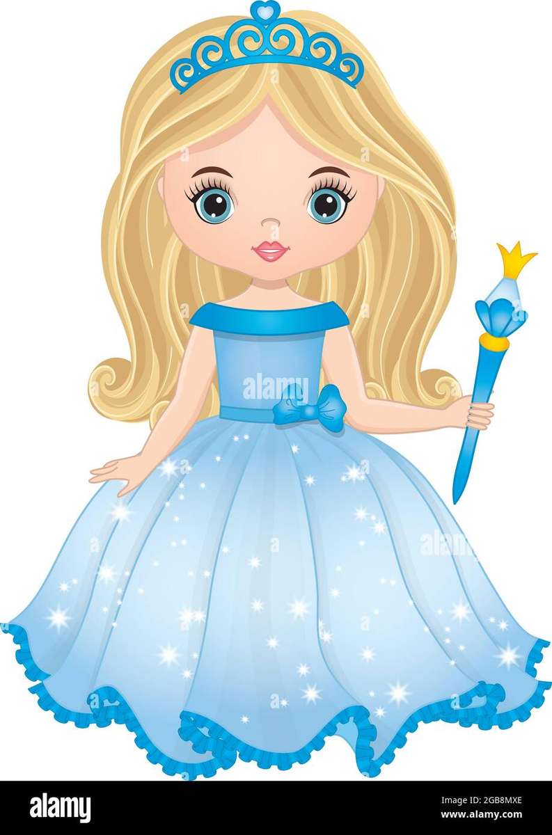 Schöne blonde Prinzessin, die ein langes blaues Kleid trägt a Online-Puzzle