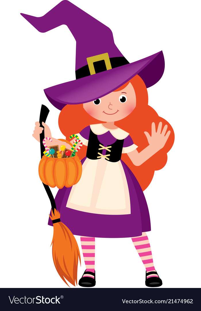 Niña linda en traje de bruja de halloween Vector rompecabezas en línea