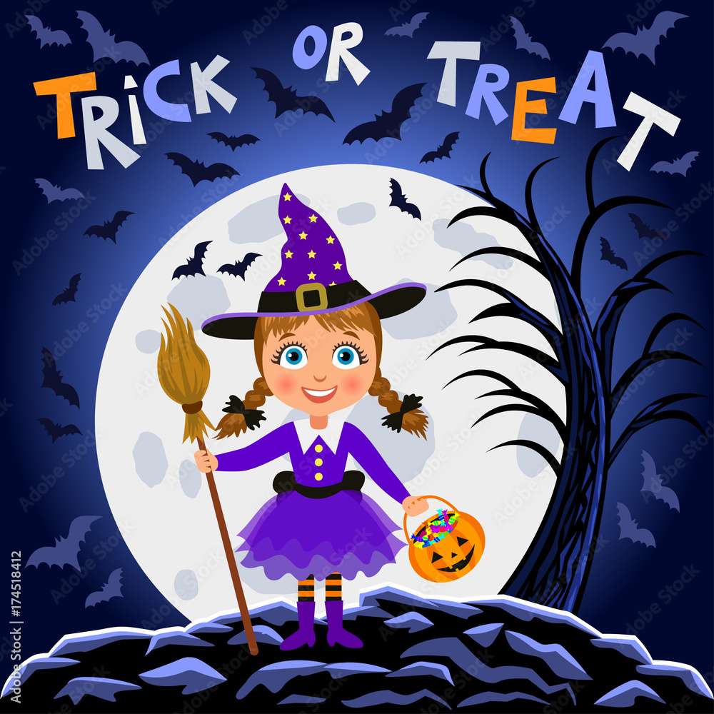 Joyeux Halloween. Fille en costume d'Halloween sur la lune puzzle en ligne