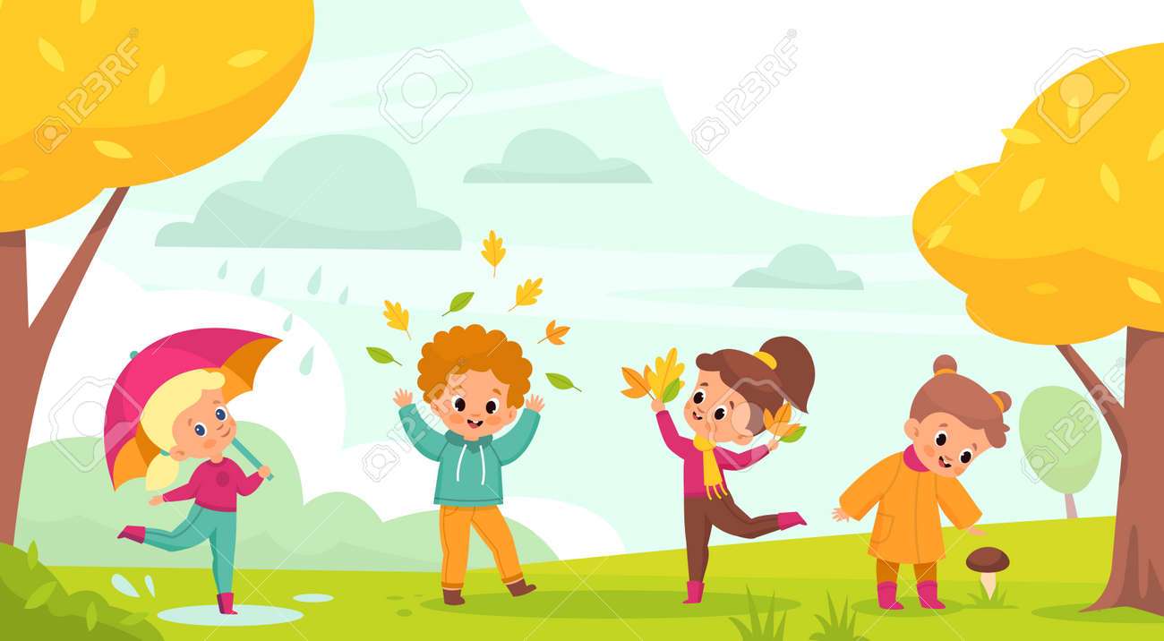 Passeggiata autunnale nel parco. Bambini felici che si divertono puzzle online