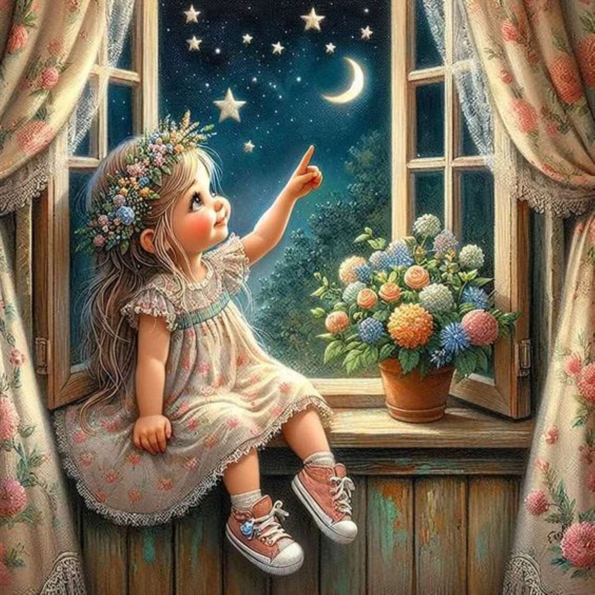 the little girl looks at the starry sky online puzzle