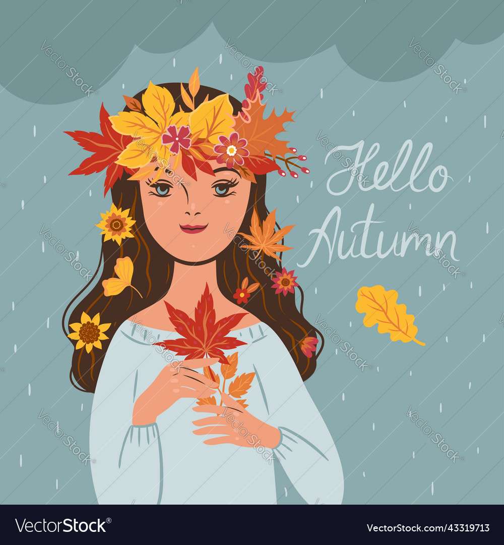 Herbstmädchen in einem Kranz aus Blättern und Blumen Vektor Online-Puzzle