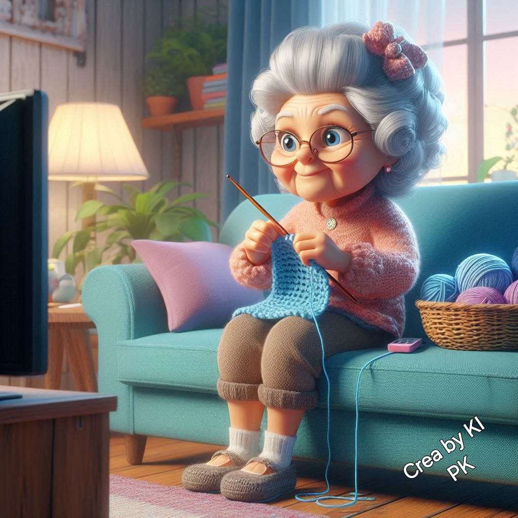 Abuela tejiendo y viendo televisión rompecabezas en línea