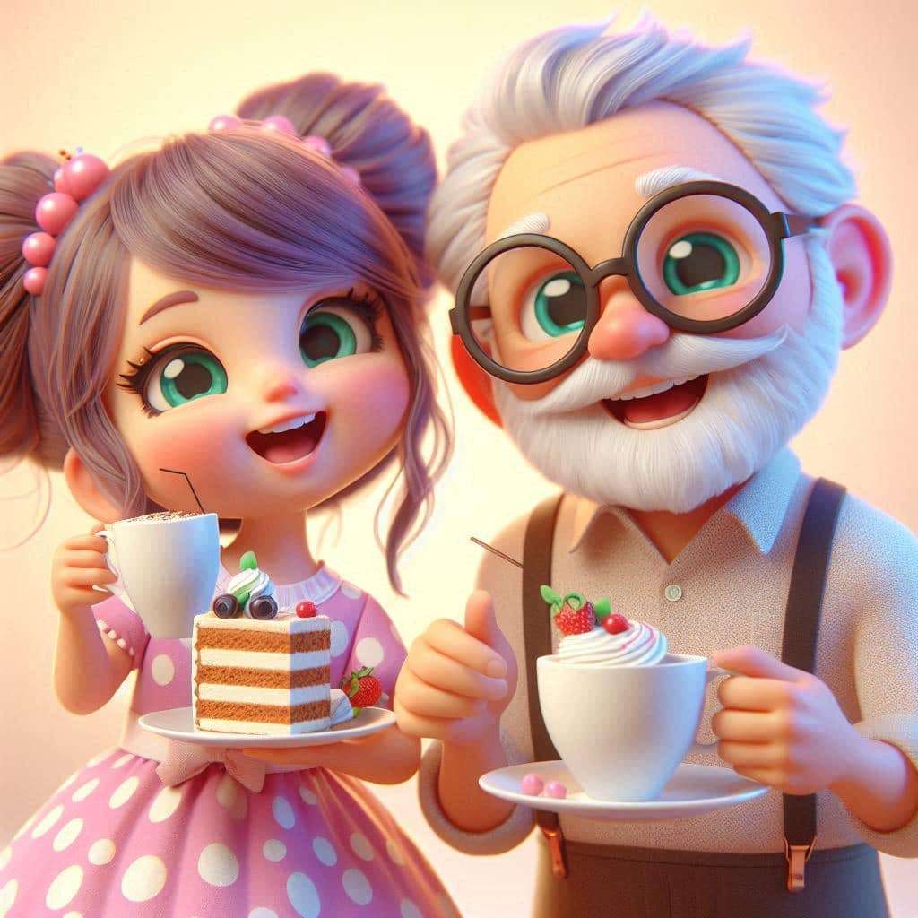 Grandpa and girl drinking coffee jigsaw puzzle online