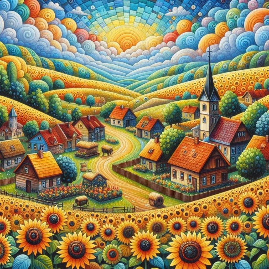 Dorf umgeben von Sonnenblumen Puzzlespiel online