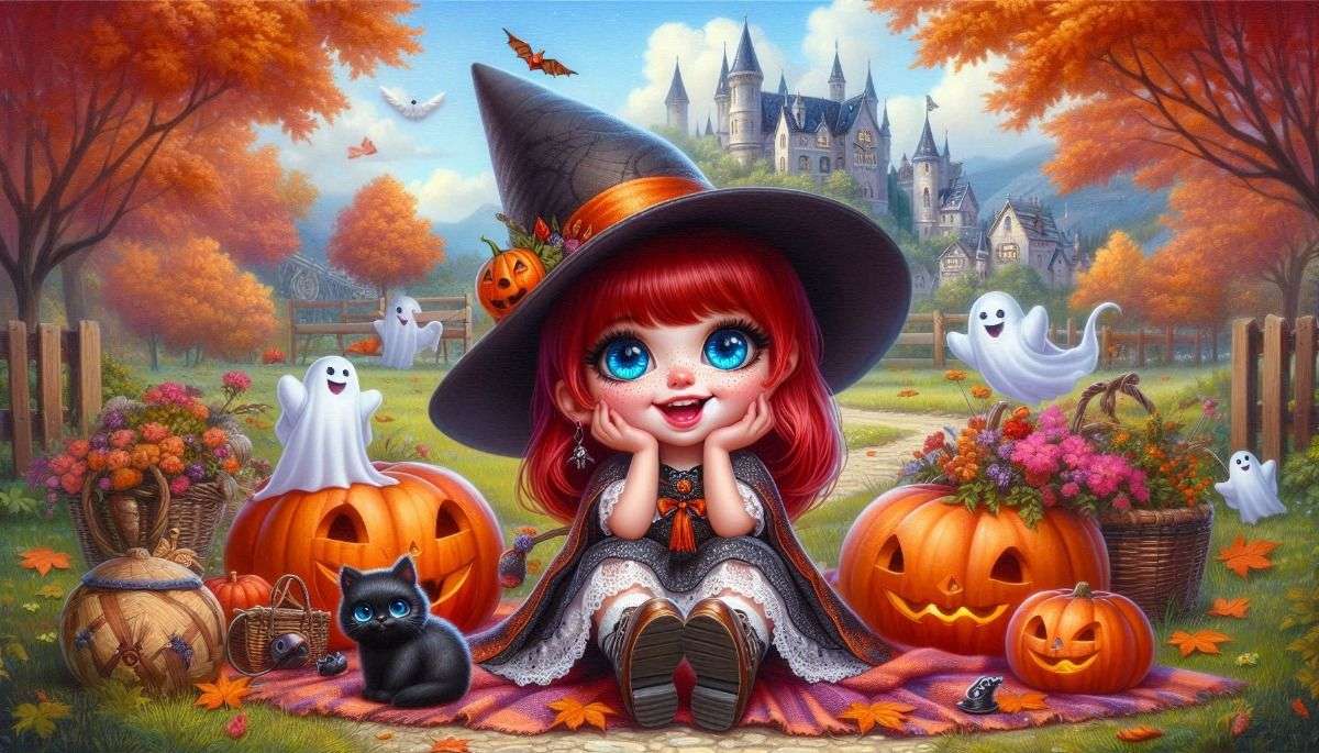 Kleine heks met vrienden op Halloween online puzzel