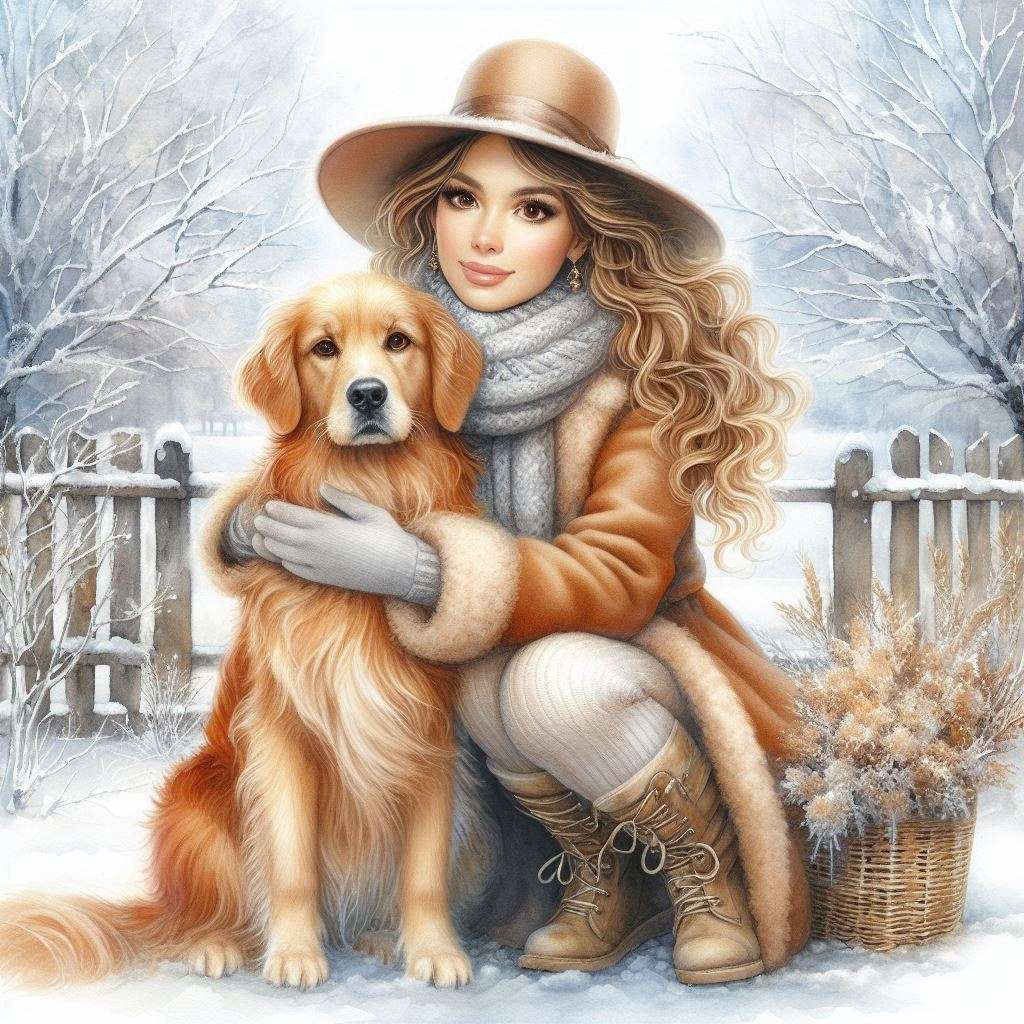 Bella donna che abbraccia un Golden Retriever puzzle online