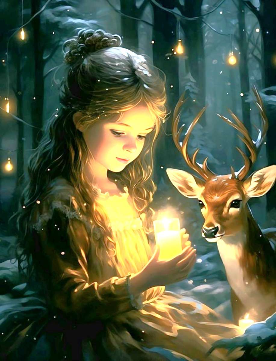 una bambina e un cervo di notte nella foresta puzzle online