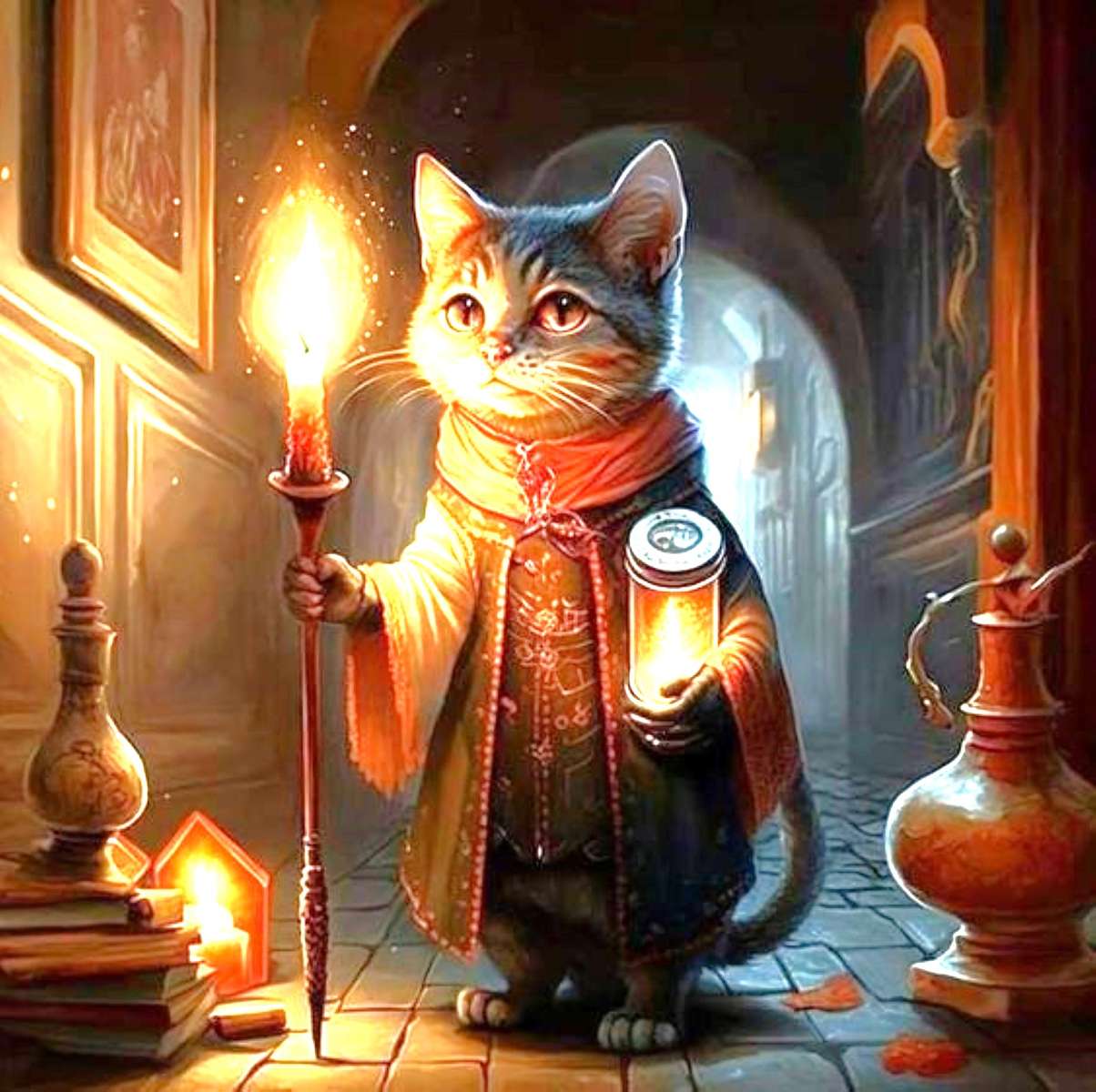 the cat wanders down the hallway with candles online puzzle