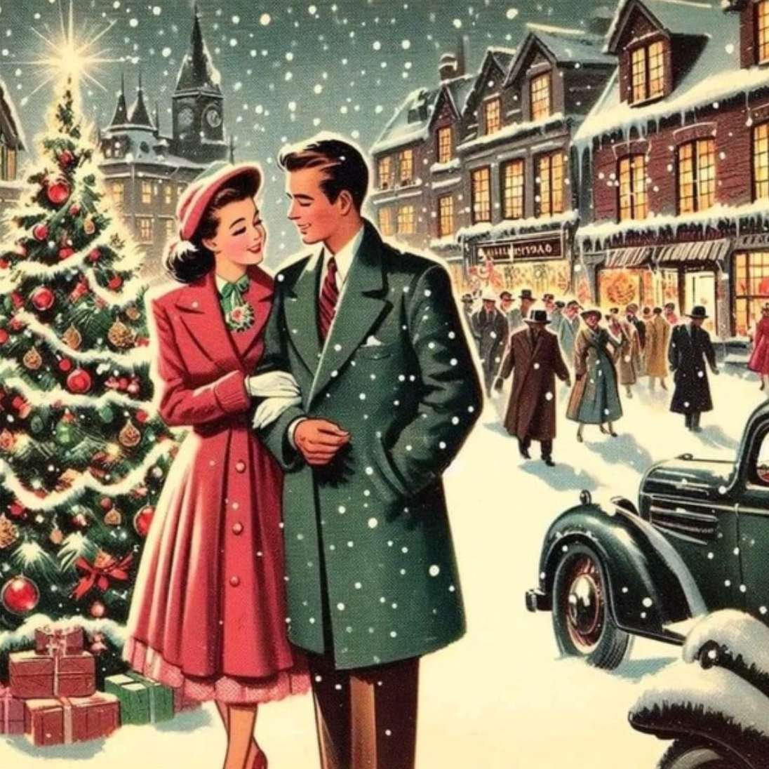 Les amoureux de Noël en balade dans la ville. puzzle en ligne