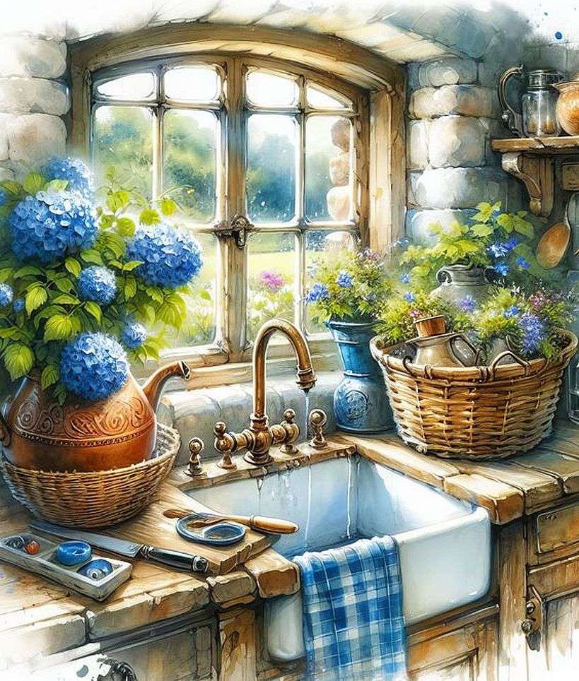 Country Sink With Blue Flowers online puzzle