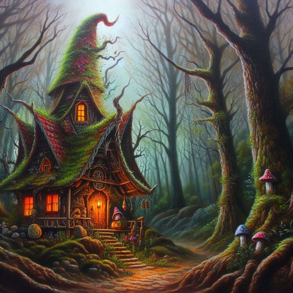 A creepy little witch's house in the forest jigsaw puzzle online